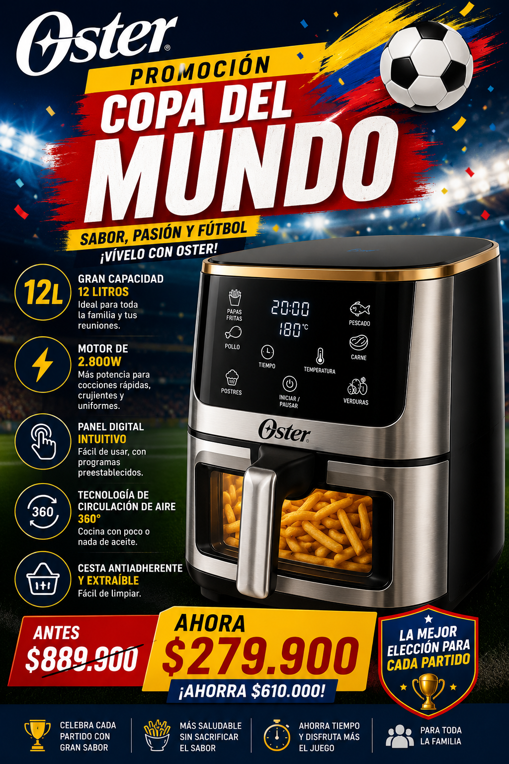 Freidora de Aire Oster 12L Extra Grande Promoción Copa del Mundo