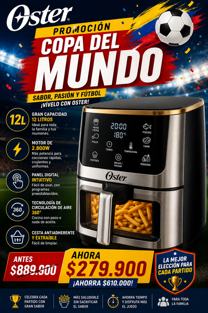 Freidora de Aire Oster 12L Extra Grande Promoción Copa del Mundo